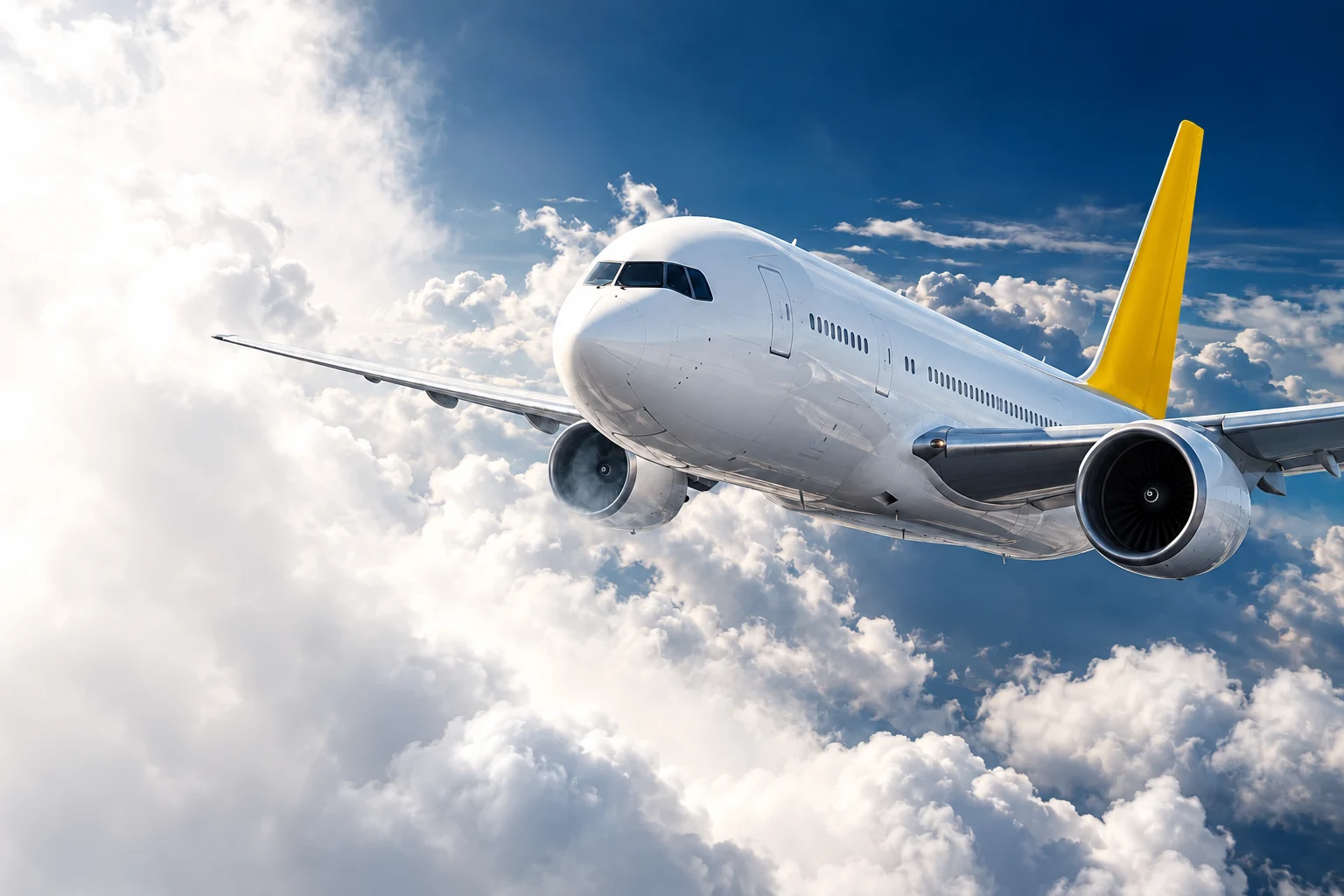 White cargo aircraft flying through sunlit clouds